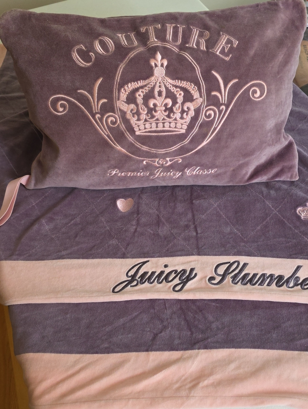 Juicy Couture Pink and Mauve Velvet Embroidered Pillow Case with Matching Throw